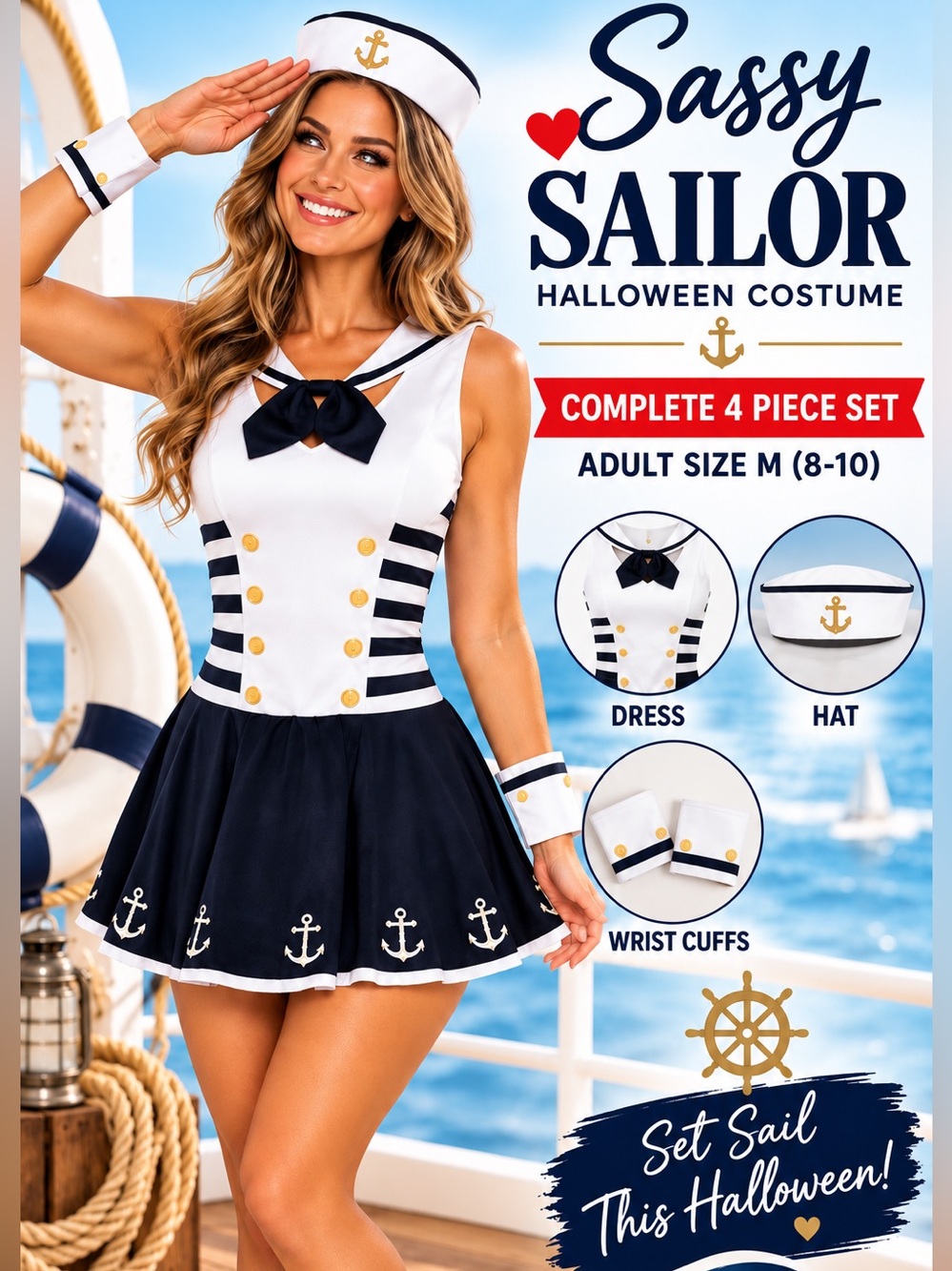 ⚓ Sassy Sailor Halloween Costume Women’s M 8-10 Dress Hat Cuffs
